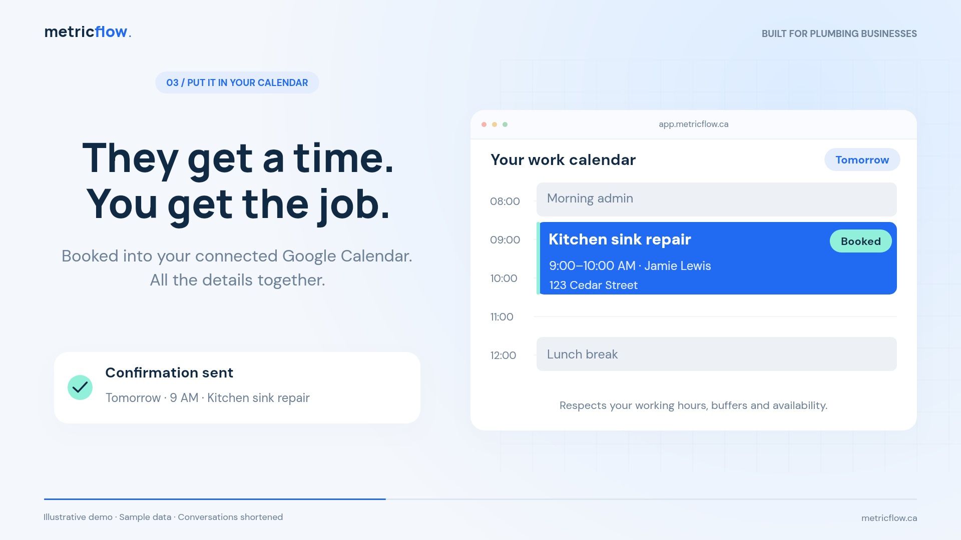 Preview of the Metric Flow video showing a confirmed appointment in Google Calendar